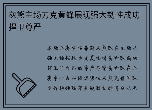 灰熊主场力克黄蜂展现强大韧性成功捍卫尊严