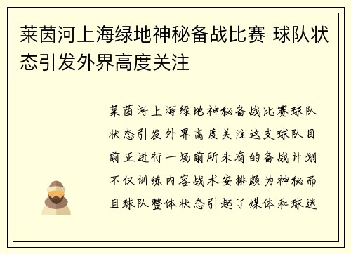 莱茵河上海绿地神秘备战比赛 球队状态引发外界高度关注