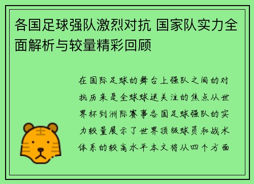 各国足球强队激烈对抗 国家队实力全面解析与较量精彩回顾