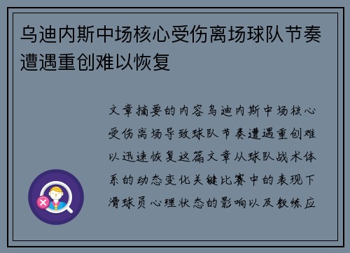乌迪内斯中场核心受伤离场球队节奏遭遇重创难以恢复